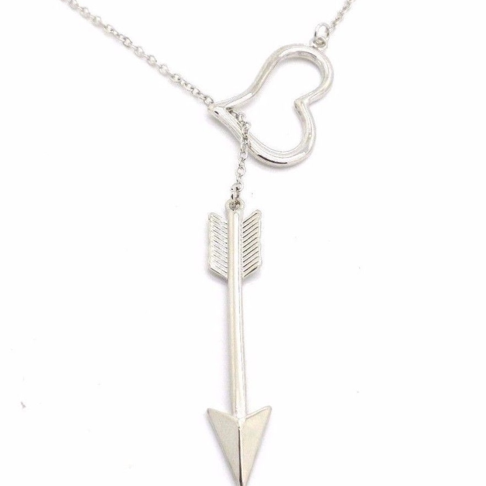 Pretty Lariat Silver Plated Necklace Hearts Arrow